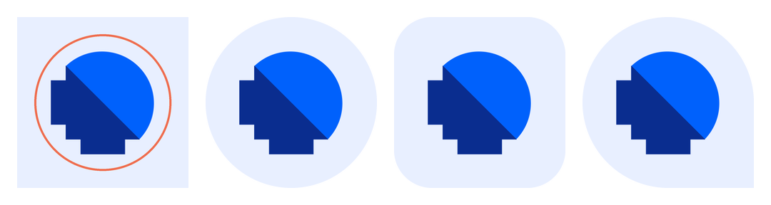 Four copies of the example maskable icon: with its safe-zone circle drawn in coral, then cut to a circle, a rounded square and a teardrop; the mark is whole in each