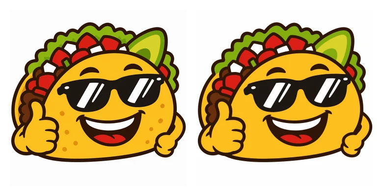 تاكو كرتوني بنظارة شمسية رسمه محرك صور كملف PNG، وملف SVG المتتبَّع منه، جنبًا إلى جنب