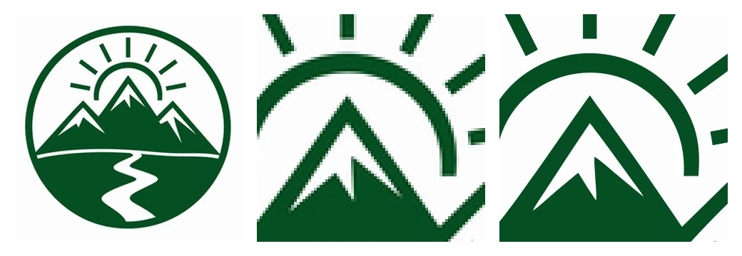 A mountain logo decoded from a HEIC; the top left of it enlarged four times as pixels, with jagged edges; the same corner of the traced SVG, with smooth edges