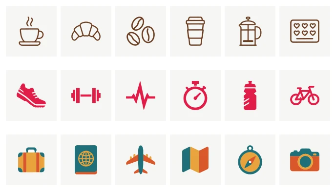 Three icon sets made with png2svg.art: brown line icons for a café, red filled icons for a fitness tracker and flat-colour travel icons