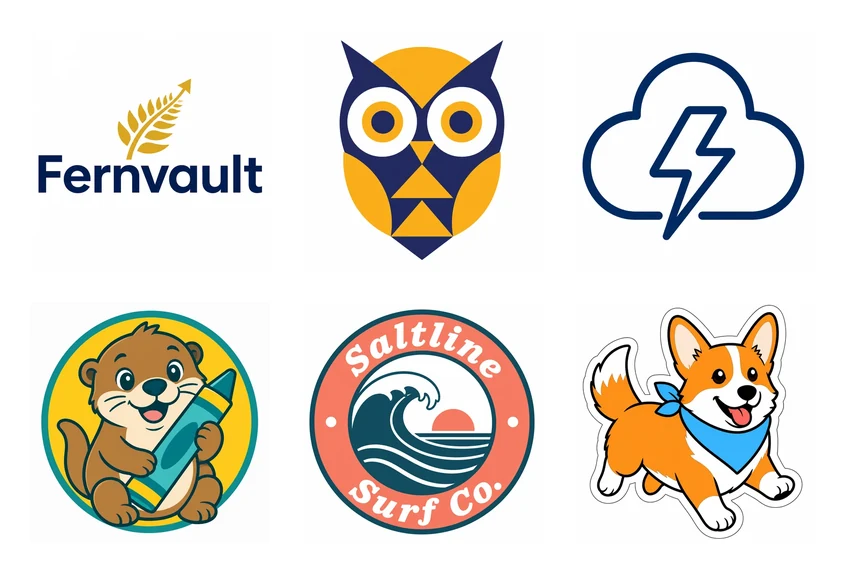 Six example logos in different styles: the Fernvault wordmark, a geometric owl emblem, a cloud and lightning bolt drawn in one line, an otter mascot, the Saltline Surf Co. circular badge and a corgi sticker logo
