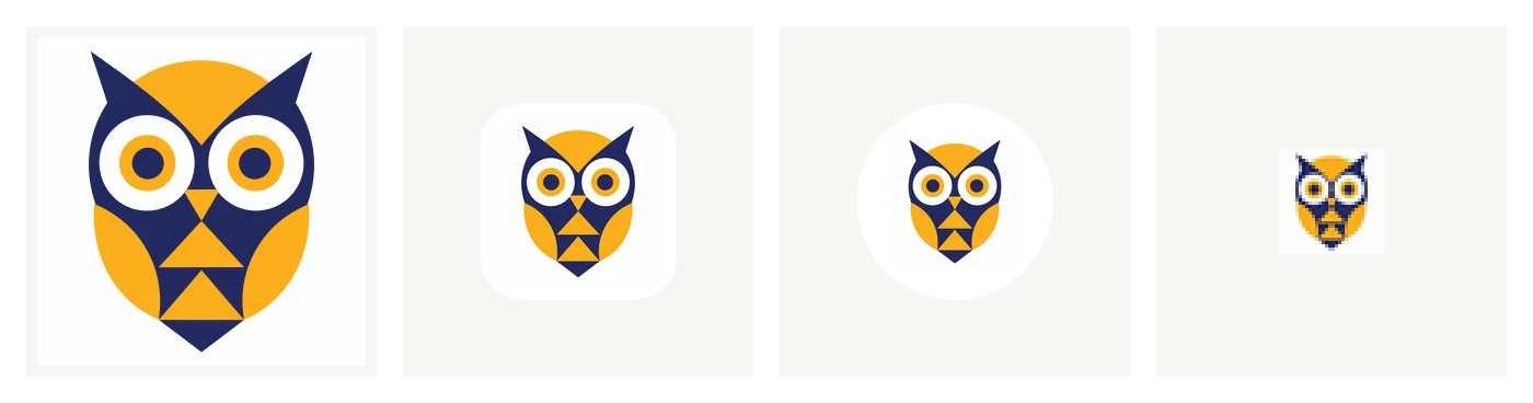 The Study owl logo as SVG, then the same owl as an iOS app icon with rounded corners, an Android adaptive icon in a circle, and a 32 px favicon enlarged to show its pixels