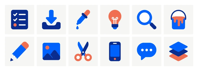 Twelve flat icons in blue, navy and coral: a checklist, a download tray, an eyedropper, a light bulb, a magnifying glass, a paint bucket, a pencil, a photo, scissors, a smartphone, a speech bubble and a stack of layers