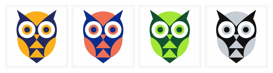 The Study owl logo four times: in its own indigo and amber, then in navy and coral, in green and lime, and in black and gray