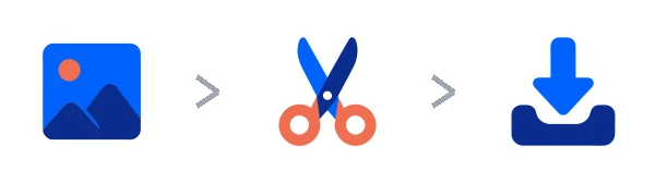 Three steps: an image, scissors cutting it out, a download