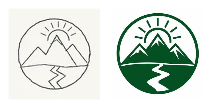 A rough pencil sketch of a mountain, a sun and a trail in a circle; next to it, the finished green logo drawn from it