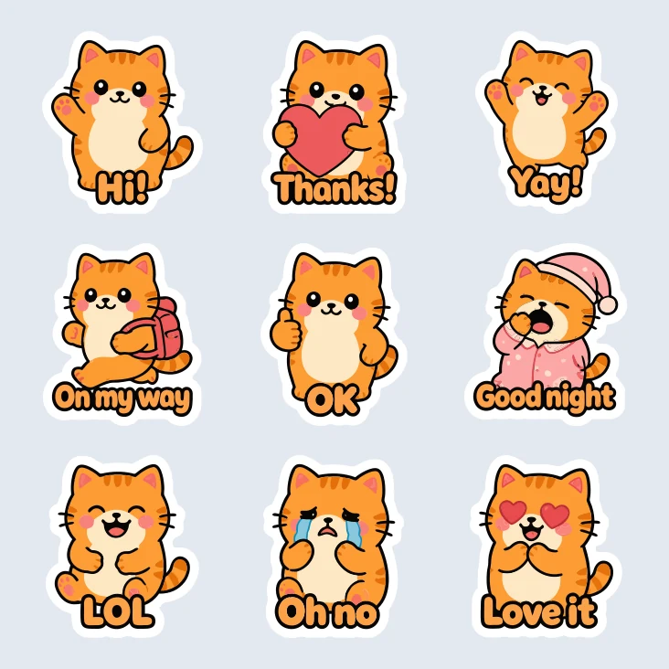 Nine stickers of Biscuit the cat with captions such as Hi!, Thanks!, OK and Good night, each cut out with a white border