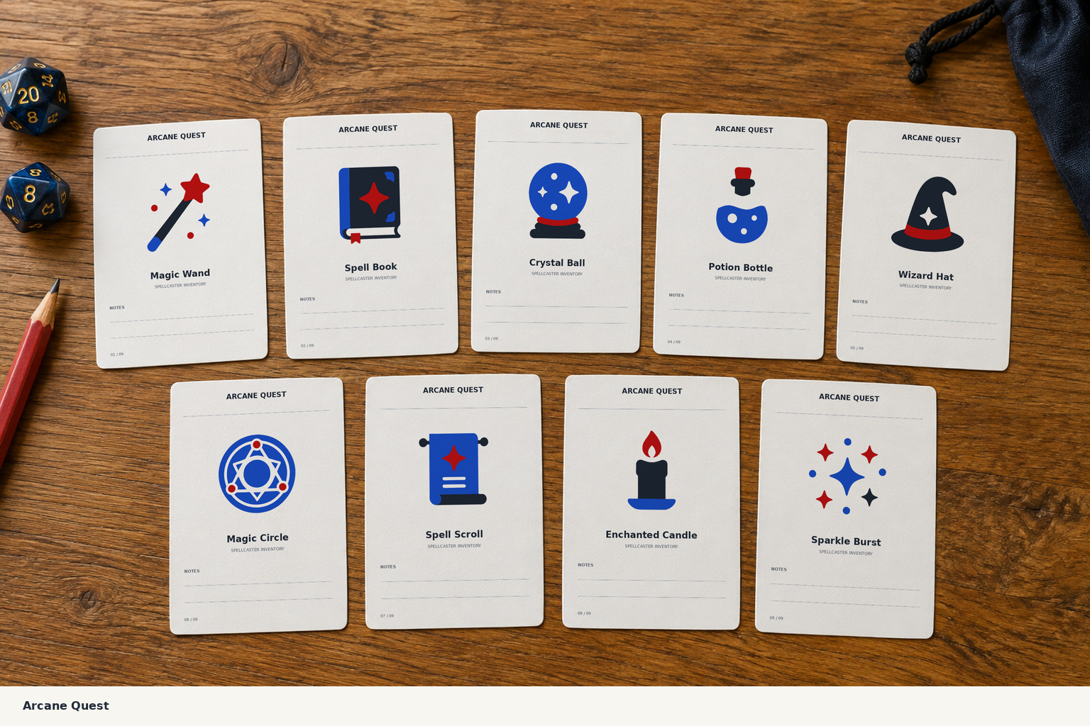 Maqueta ilustrativa de nueve fichas de inventario color crema con los iconos de fantasía y líneas para notas sobre una mesa de madera, junto a dados, un lápiz rojo y una bolsa de tela.