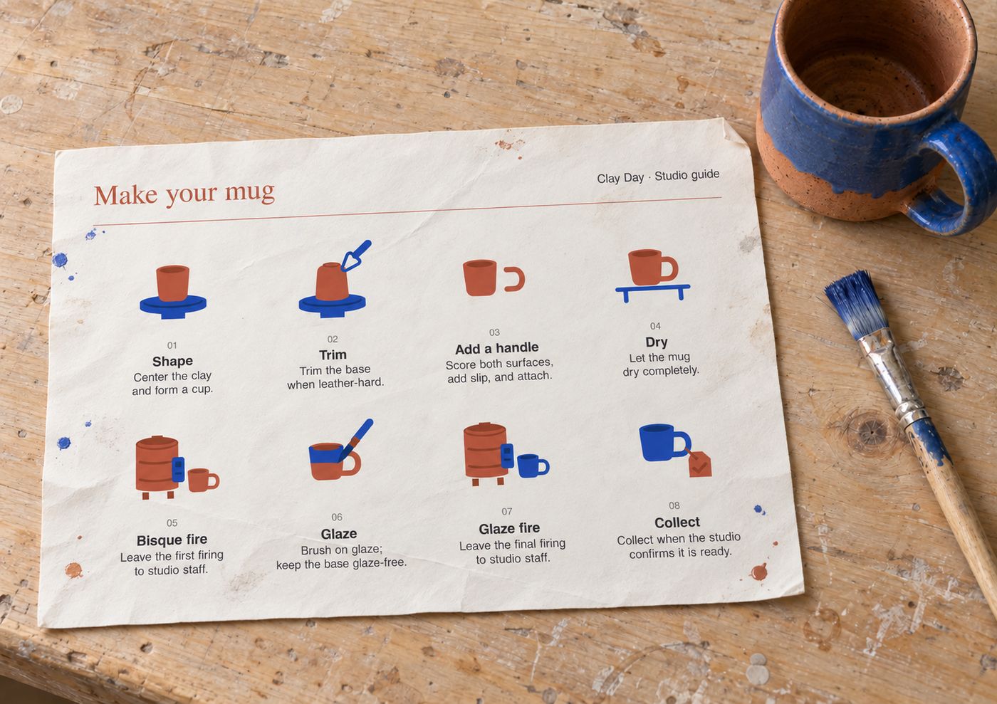 Illustration of the printed studio guide on a wooden workbench next to a glazed mug and a brush.