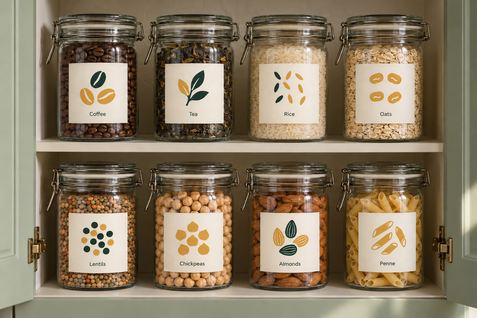 Illustrative mockup of eight labelled glass jars in a home pantry cabinet, using the pantry icons.