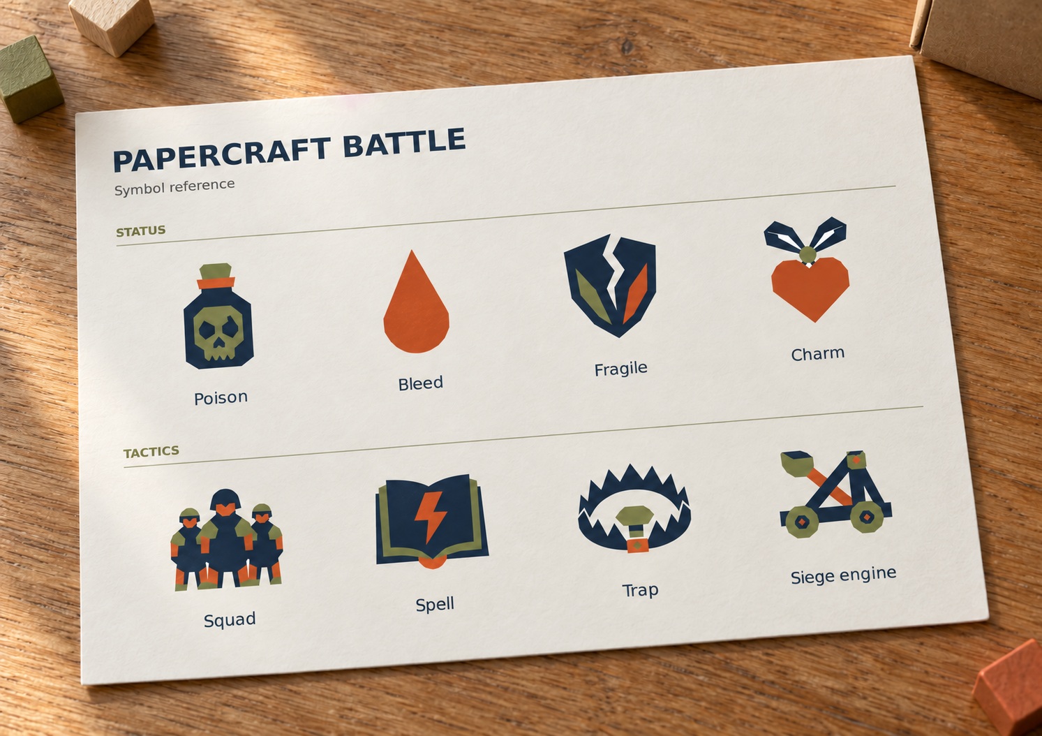 Illustrative mockup of a cream reference card on a wooden tabletop, with the eight symbols grouped under Status and Tactics.