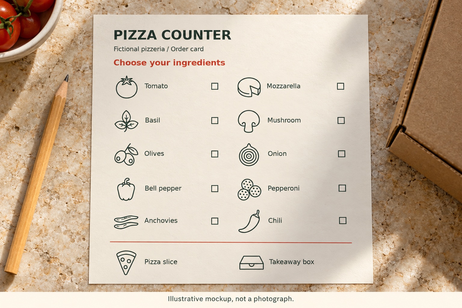 石のカウンターに置いた印刷の注文カードのモックアップ。12個のアイコンが具材のチェックボックスの横に並び、鉛筆とテイクアウトの箱が添えてあります。