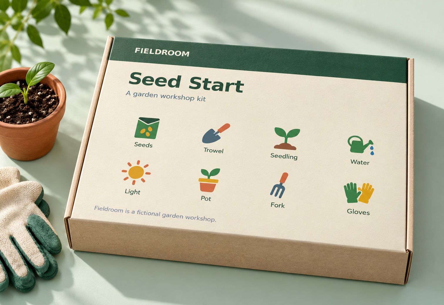 Boîte en carton d’un kit d’atelier de jardinage imprimée de huit icônes en couleur, sur une surface vert menthe pâle, à côté d’un pot et de gants.