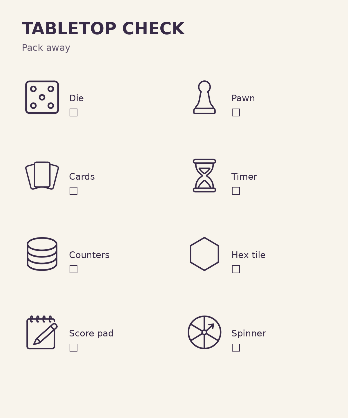 Eight component icons with labels and empty checkboxes on a cream packing card.