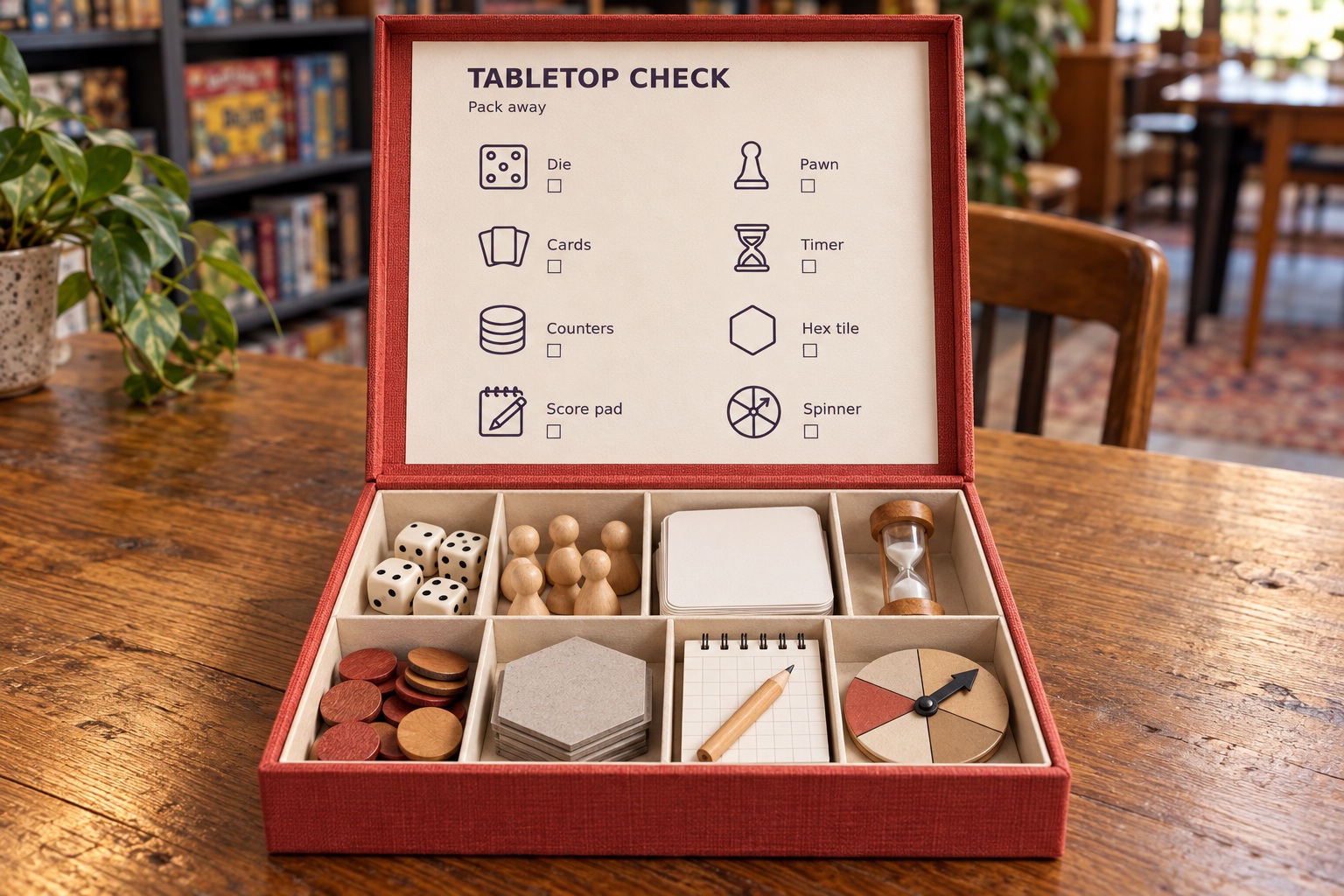 An open game box with a printed component checklist inside the lid and organized pieces in separate compartments.
