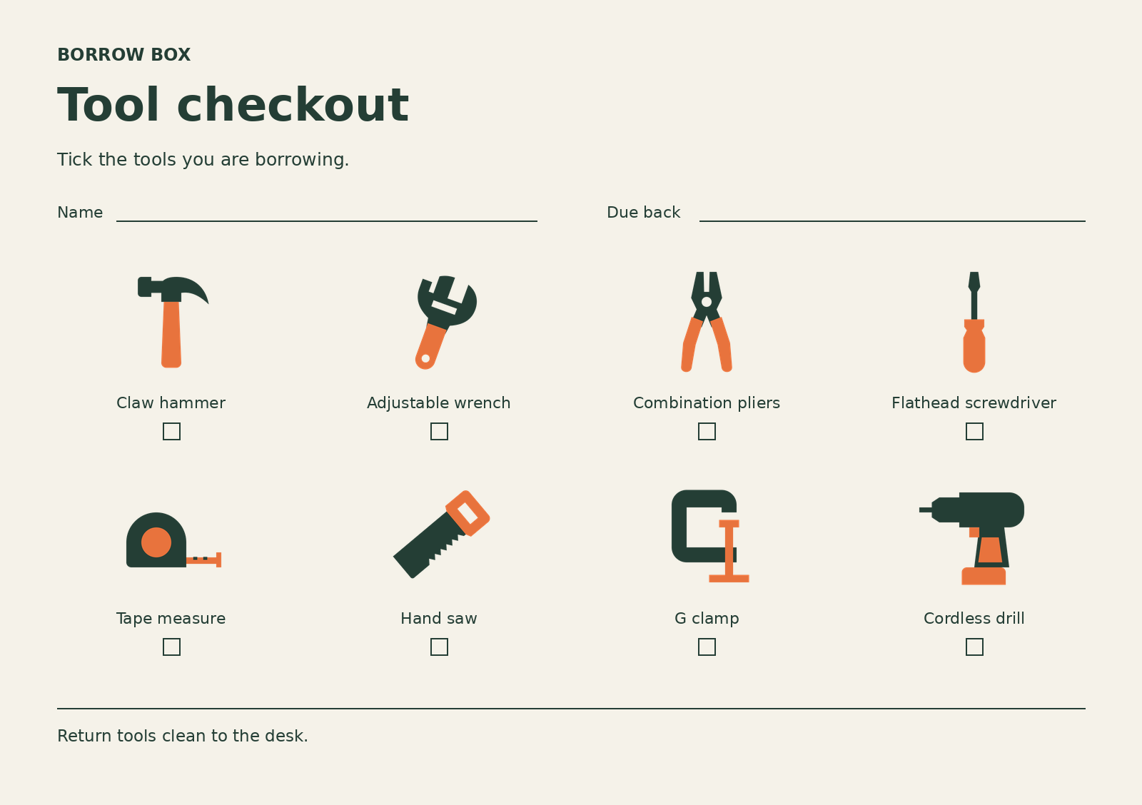 Tool checkout card with name and due-date fields and eight labelled tool checkboxes.