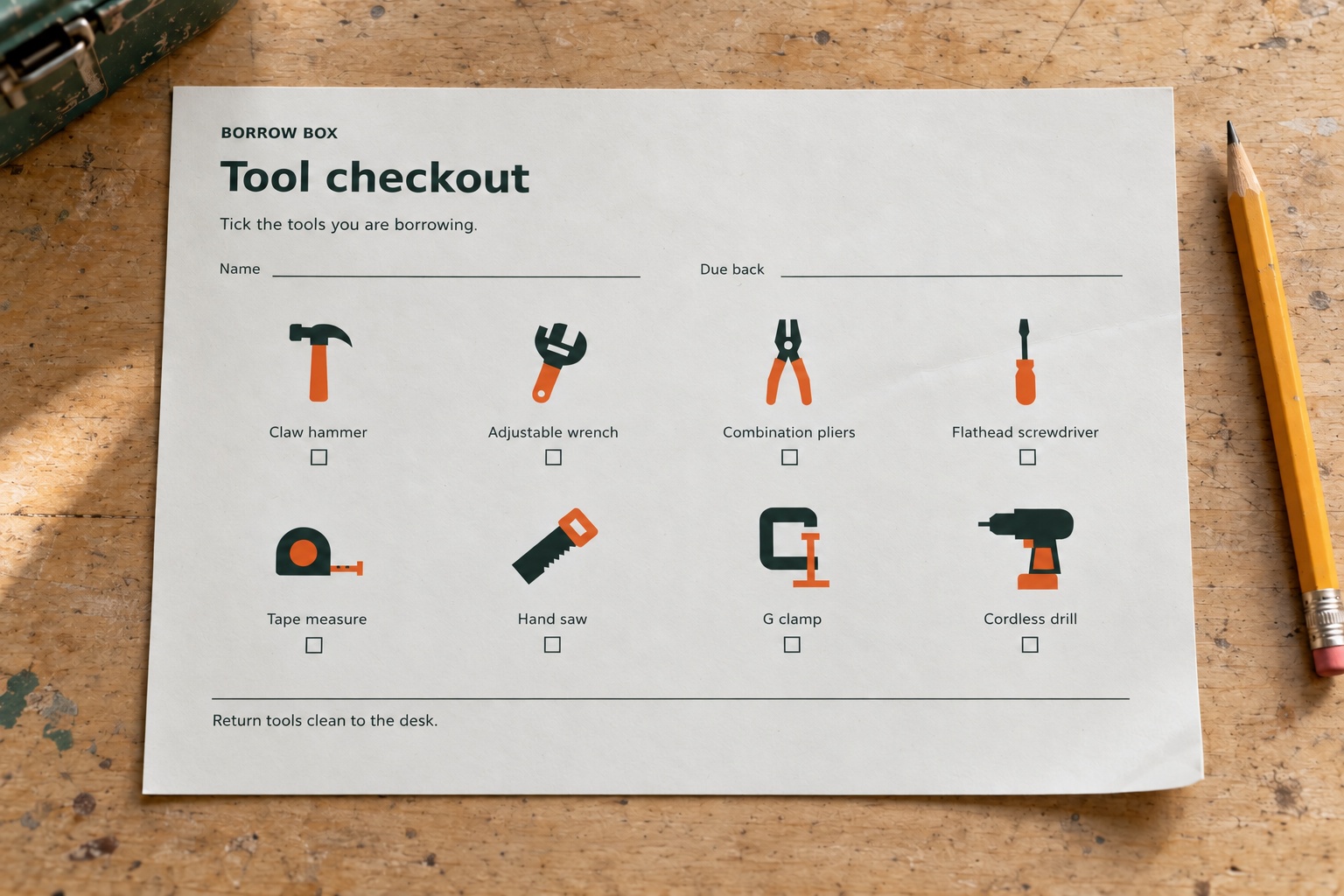 Printed Borrow Box tool checkout card on a wooden workshop bench.